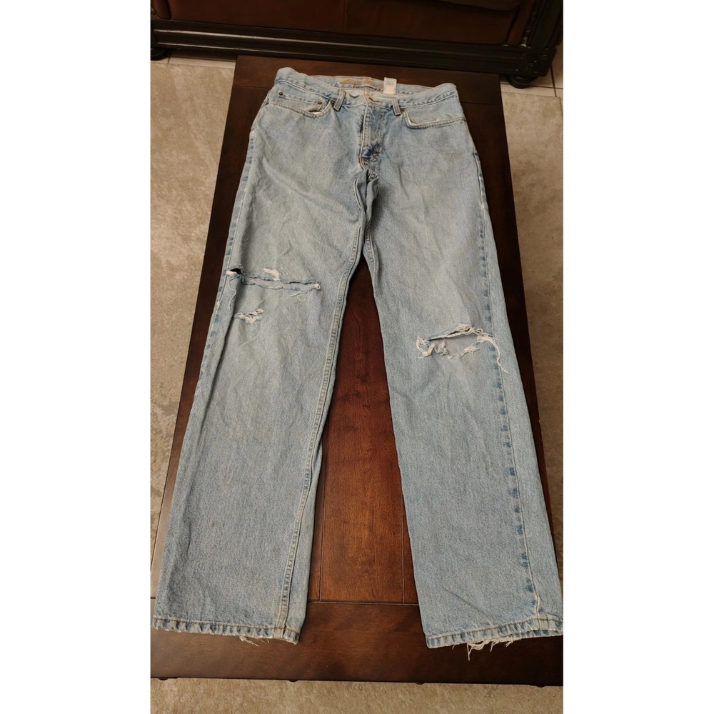 Eddie Bauer Mens Classic Basic Heavy Weight Jeans Light Wash Distressed 32x34